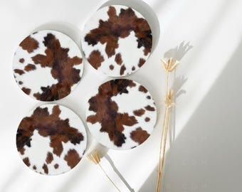 Cowhide Print Coaster Set, Ceramic Drink Coasters, Rustic Home Table Decor