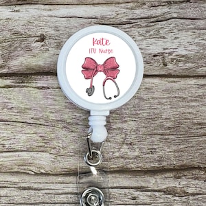 Pink Stethoscope Bow ID Badge Reel Clip | Personalised | Medic Gift | Nurse | Doctor | Vet | Paramedic | Graduation