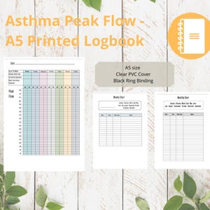May include: A5 size printed logbook for tracking asthma peak flow readings. The logbook has a clear PVC cover and black ring binding. It includes daily, weekly, and monthly charts for recording peak flow measurements.