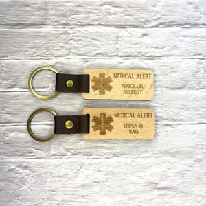 Medic Alert Keyring | Medic Alert Keychain | Personalised | Emergency Contact | Wood and Faux Leather