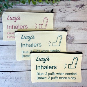 Personalisierte Baumwoll Leinwand Inhalator Tasche mit Richtungen | Glitzer Vinyl | Baumwolle | Inhalator Beutel | Medizintasche