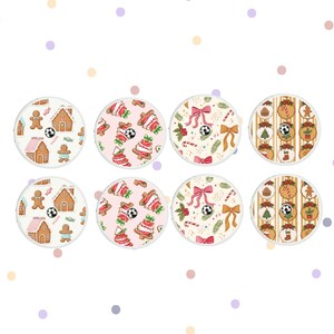 May include: Eight round Christmas-themed designs with various patterns. The designs include gingerbread houses, gingerbread men, Christmas trees, bows, and soccer balls. The color palette includes white, pink, and brown.