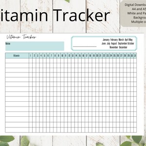 Puede incluir: Plantilla de seguimiento de vitaminas imprimible con un esquema de color azul claro y blanco. El seguimiento tiene una sección para notas y una cuadrícula para registrar las vitaminas que se toman cada día del mes.