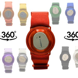 May include: A collection of colorful smartwatches in various shades, including red, yellow, green, and blue. Each watch features a round face with a unique design and a matching band. The image also includes a 360-degree rotation graphic.