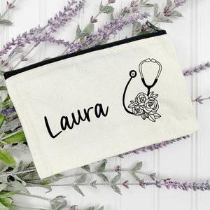 Flowery Stethoscope Zip Bag | Pencil Case | Personalised | 100% Cotton | Medical Gift | Nurse | Doctor | Vet | Graduation