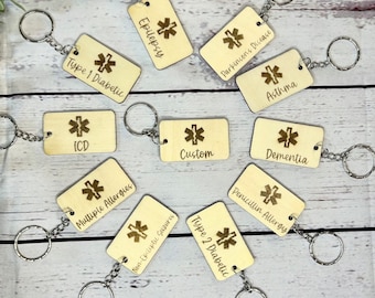 Medic Alert Keyring | Medic Alert Keychain | Personalised | Emergency Contact | Wood