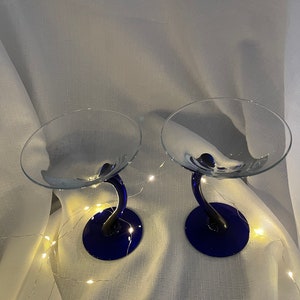 Retro Curved Dark Blue Stem 7 oz. PAIR Martini Glasses/Bar/Barcart/MCM Stemware/Retro Entertaining Glasses/Bravura by Libbey.