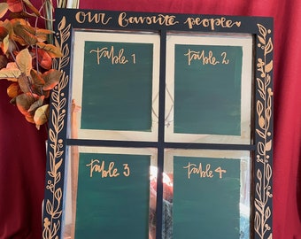 Puede incluir: Un letrero de pizarra enmarcado en negro con letras doradas que dice "Nuestra gente favorita" y tiene cuatro secciones etiquetadas "Mesa 1", "Mesa 2", "Mesa 3" y "Mesa 4". El letrero también tiene letras doradas que dicen "Encuentra tu asiento y disfruta".