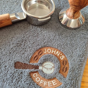 Embroidered Coffee Bar Towel | Personalised Portafilter Towel | Custom Cafe Gift for Baristas & Coffee Lovers