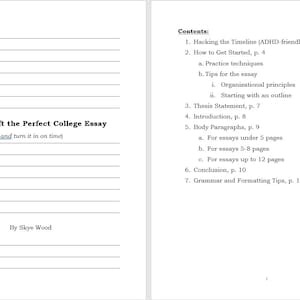 Op de afbeelding: Een zwart-wit document met de titel "Hoe je de perfecte college-essay schrijft (en op tijd inlevert)" door Skye Wood. Het document beschrijft de stappen voor het schrijven van een college-essay, inclusief een tijdlijn, hoe je begint, een stelling, een inleiding, alinea's, een conclusie en tips voor grammatica en opmaak.