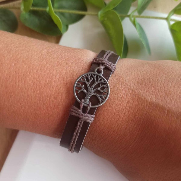 Bracelet Homme en cuir arbre de vie, bracelet réglable, noir ou marron, cadeau original pour homme, bien être zen, cadeau sobre et tendance