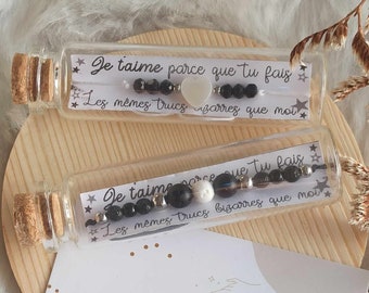 Fiole bracelet à message personnalisé je t'aime, cadeau amoureux, bracelet perles de nacre, réglable, cadeau original saint valentin