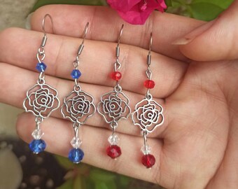 Boucles d'oreilles pendantes rose en acier inoydable, rouge ou bleu, Bijoux discrets et legers agréable, Fait main, cadeau femme, offrir