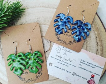 Boucles d'oreilles monstera deliciosa, variegata, feuille, plante, plante verte, plante addict, pendante, Fait main, cadeau femme, offrir