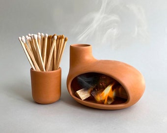 Palo Santo Holder &  Matchstick Holder Kit, Cone Incense Burner, Handmade Modern Ceramic Chimney Incense Burner, Meditation Gift