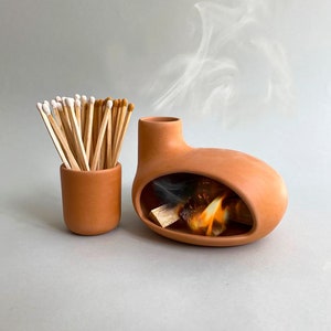 Palo Santo Holder &  Matchstick Holder Kit, Cone Incense Burner, Handmade Modern Ceramic Chimney Incense Burner, Meditation Gift