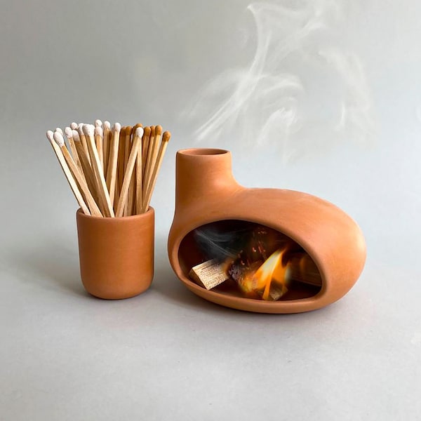 Palo Santo Holder &  Matchstick Holder Kit, Cone Incense Burner, Handmade Modern Ceramic Chimney Incense Burner, Meditation Gift