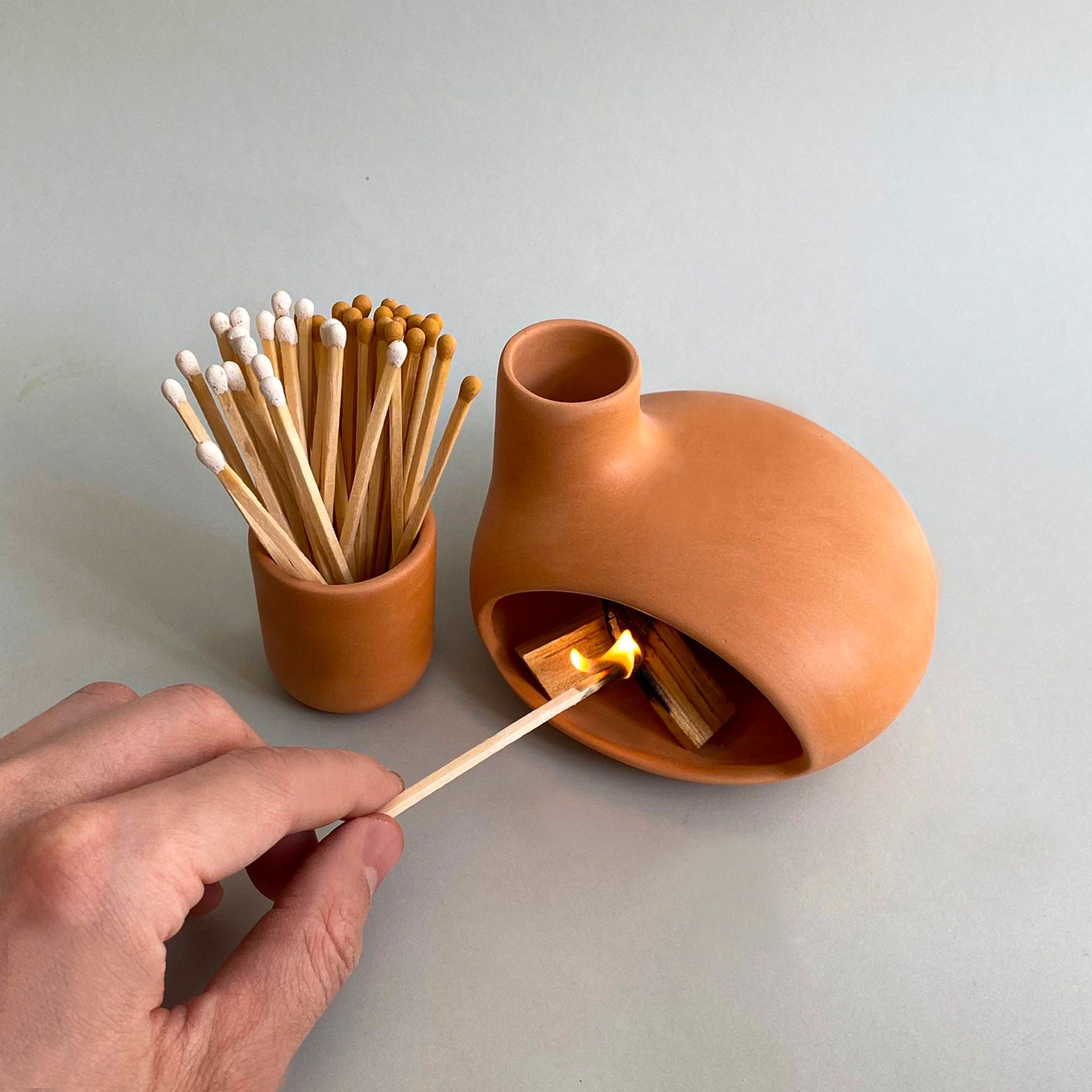 Palo Santo Holder & Matchstick Holder Set, Cone Incense Burner, Handmade Modern Ceramic Chiminea Incense Holder, Meditation Gift