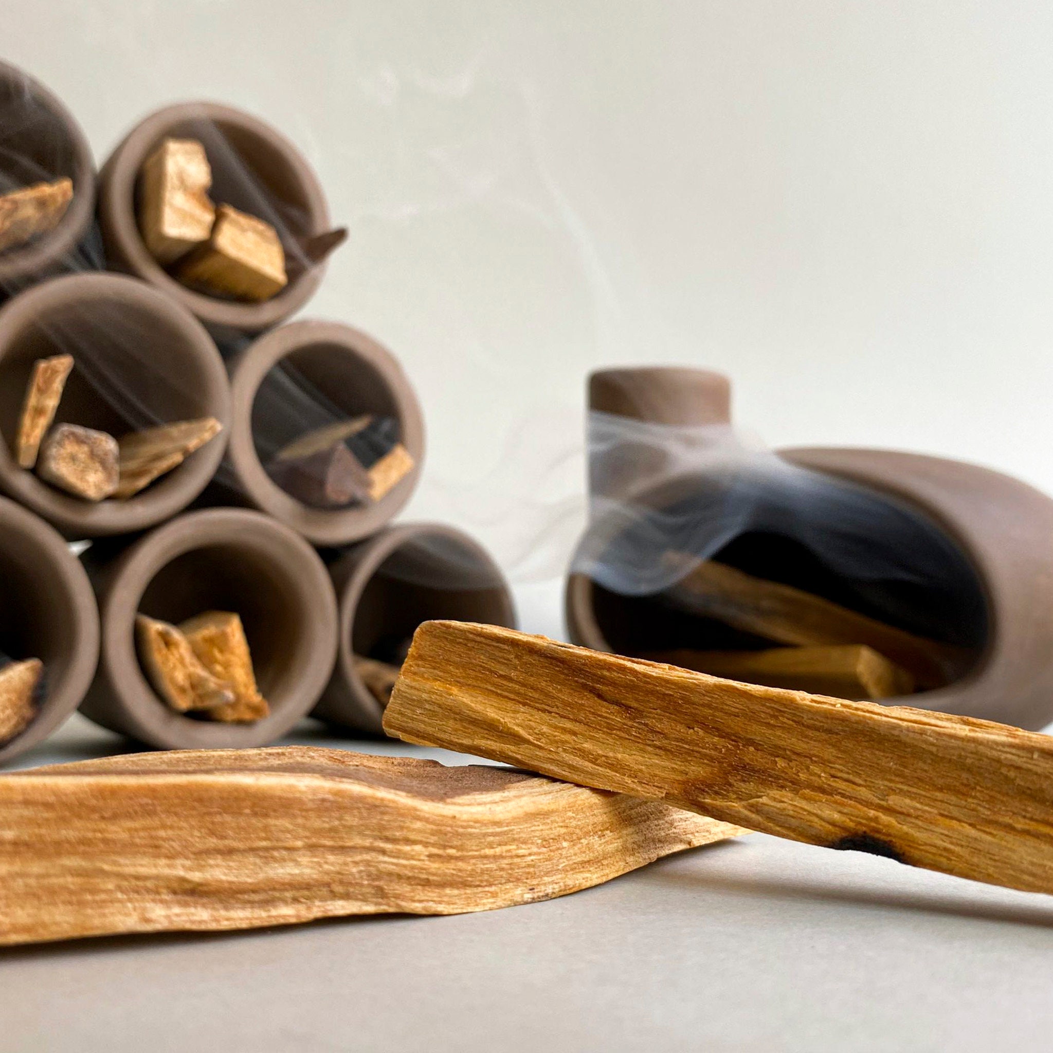 Palo Santo Holder & Matchstick Holder Set, Cone Incense Burner, Handmade Modern Ceramic Chiminea Incense Holder, Meditation Gift