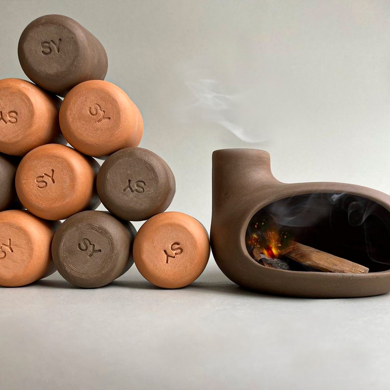 Palo Santo Holder & Matchstick Holder Set, Cone Incense Holder, Tabletop Fireplace, Handmade Modern Ceramic Chimney Incense Burner image 3