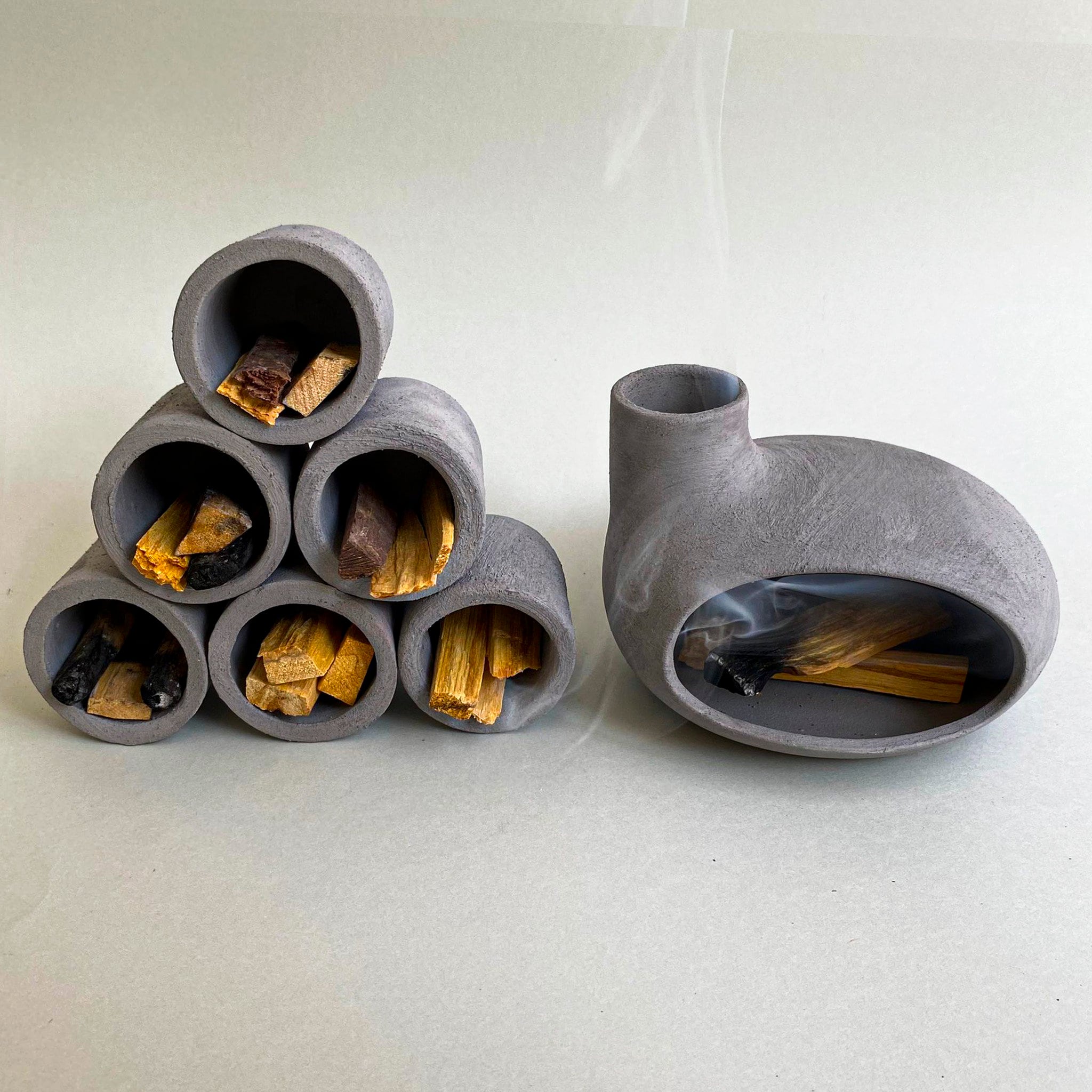 Palo Santo Holder & Matchstick Holder Set, Cone Incense Burner, Handmade Modern Ceramic Chiminea Incense Holder, Meditation Gift