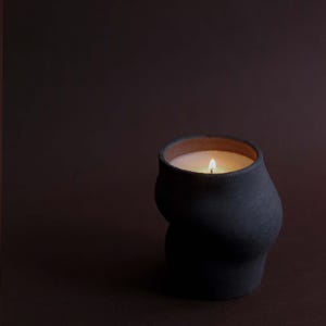 May include: A lit candle in a dark blue, organically shaped ceramic container. The candle's wax is a creamy white, and the flame glows brightly. The container has a textured, matte finish, and the background is a deep brown.
