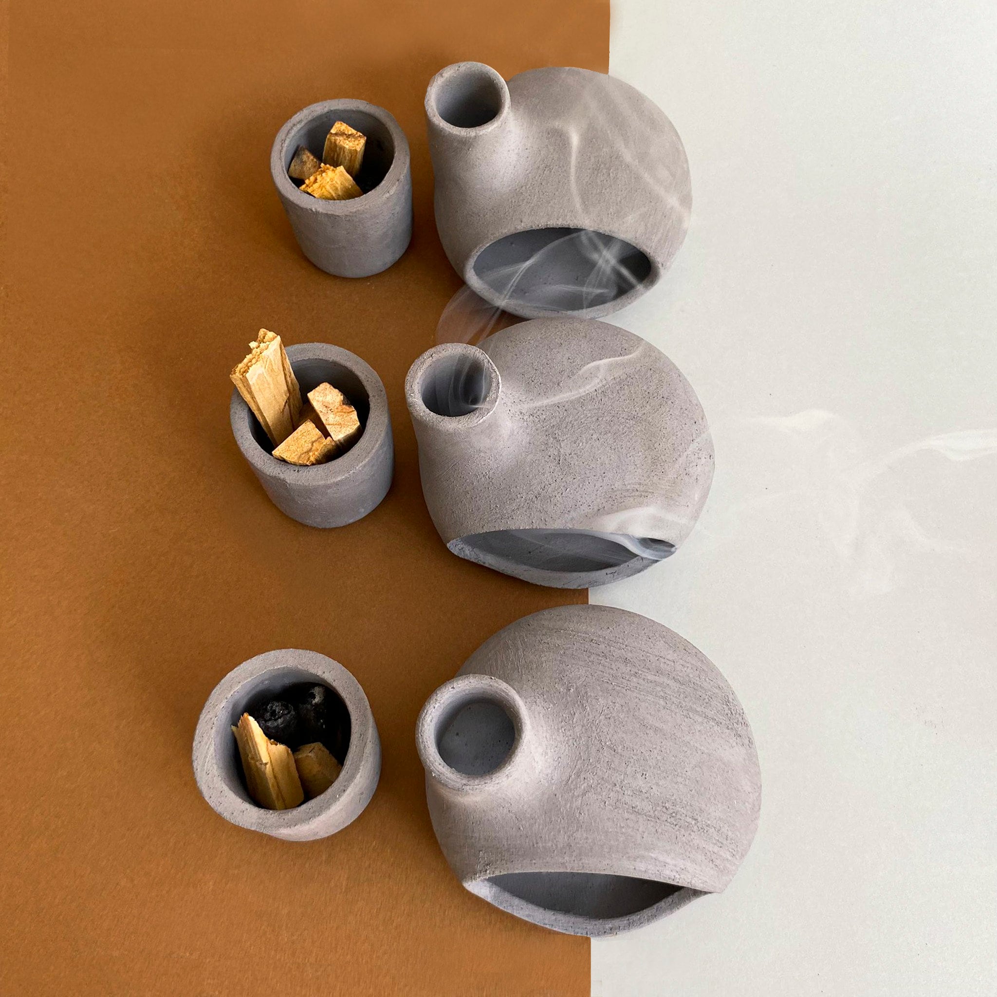 Palo Santo Holder & Matchstick Holder Set, Cone Incense Burner, Handmade Modern Ceramic Chiminea Incense Holder, Meditation Gift