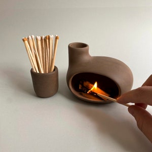 Matchstick Holder & Dark Brown Palo Santo Burner, Cone Incense Burner, Tabletop Fireplace, Handmade Modern Ceramic Chiminea Incense Burner