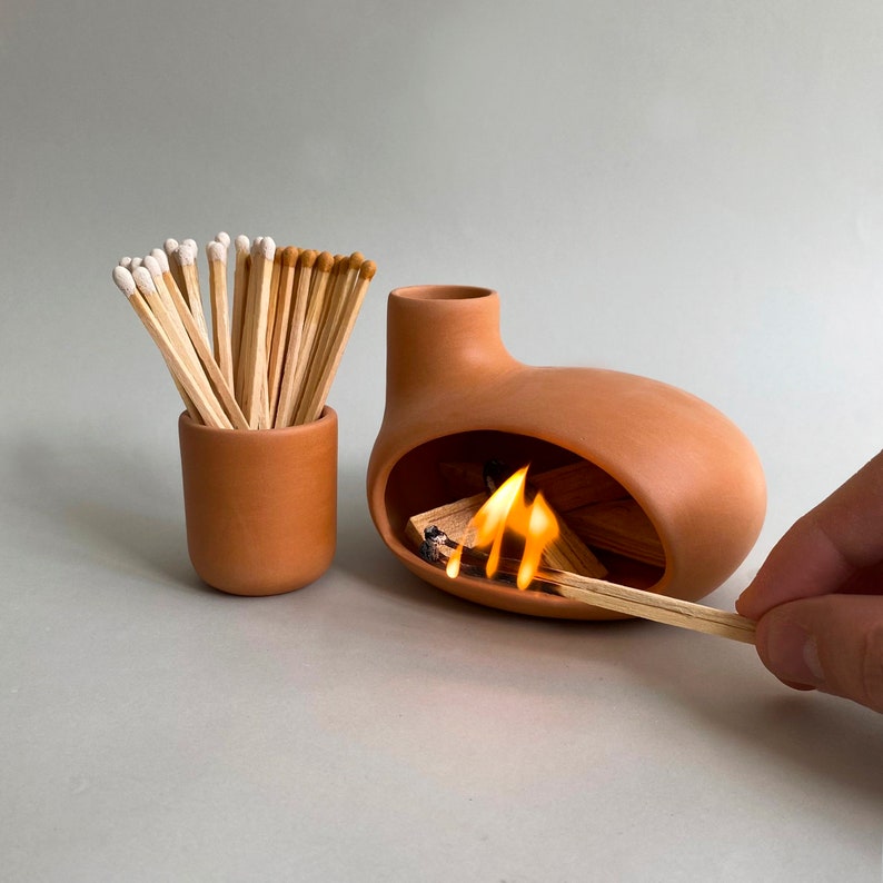Palo Santo Holder & Matchstick Holder Set, Cone Incense Holder, Tabletop Fireplace, Handmade Modern Ceramic Chimney Incense Burner image 7