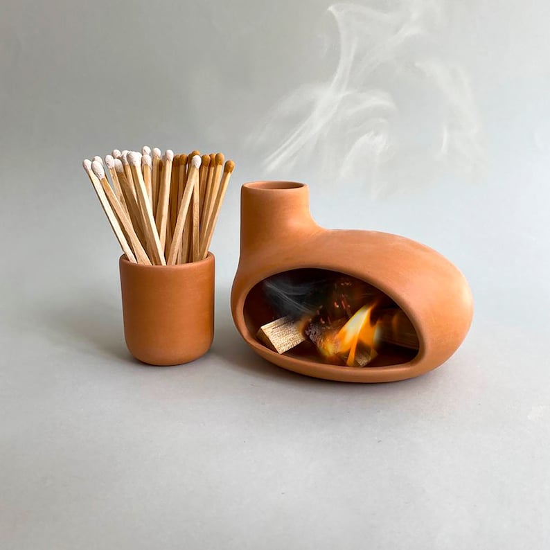 Palo Santo Holder & Matchstick Holder Set, Cone Incense Holder, Tabletop Fireplace, Handmade Modern Ceramic Chimney Incense Burner image 2