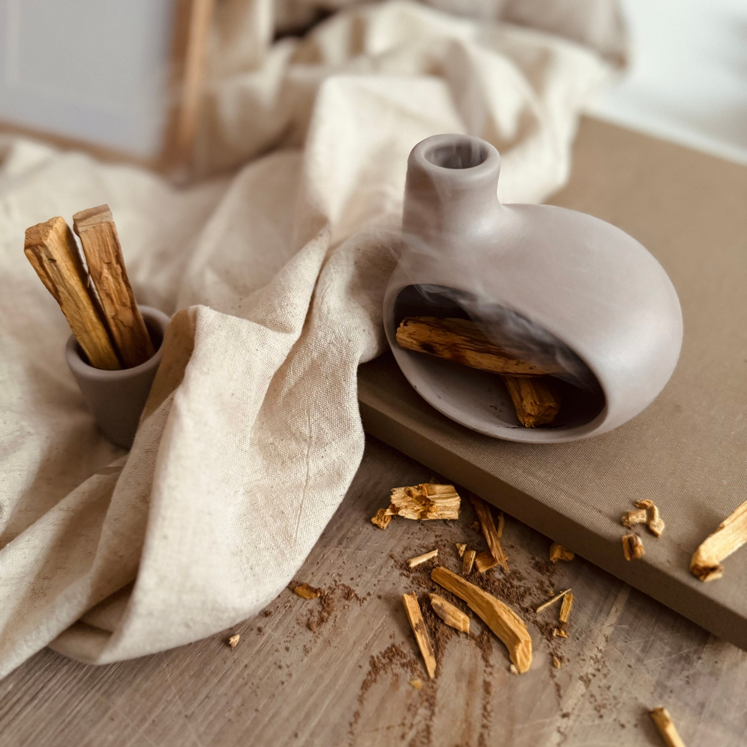 Palo Santo Holder & Matchstick Holder Set, Cone Incense Burner, Handmade Modern Ceramic Chiminea Incense Holder, Meditation Gift