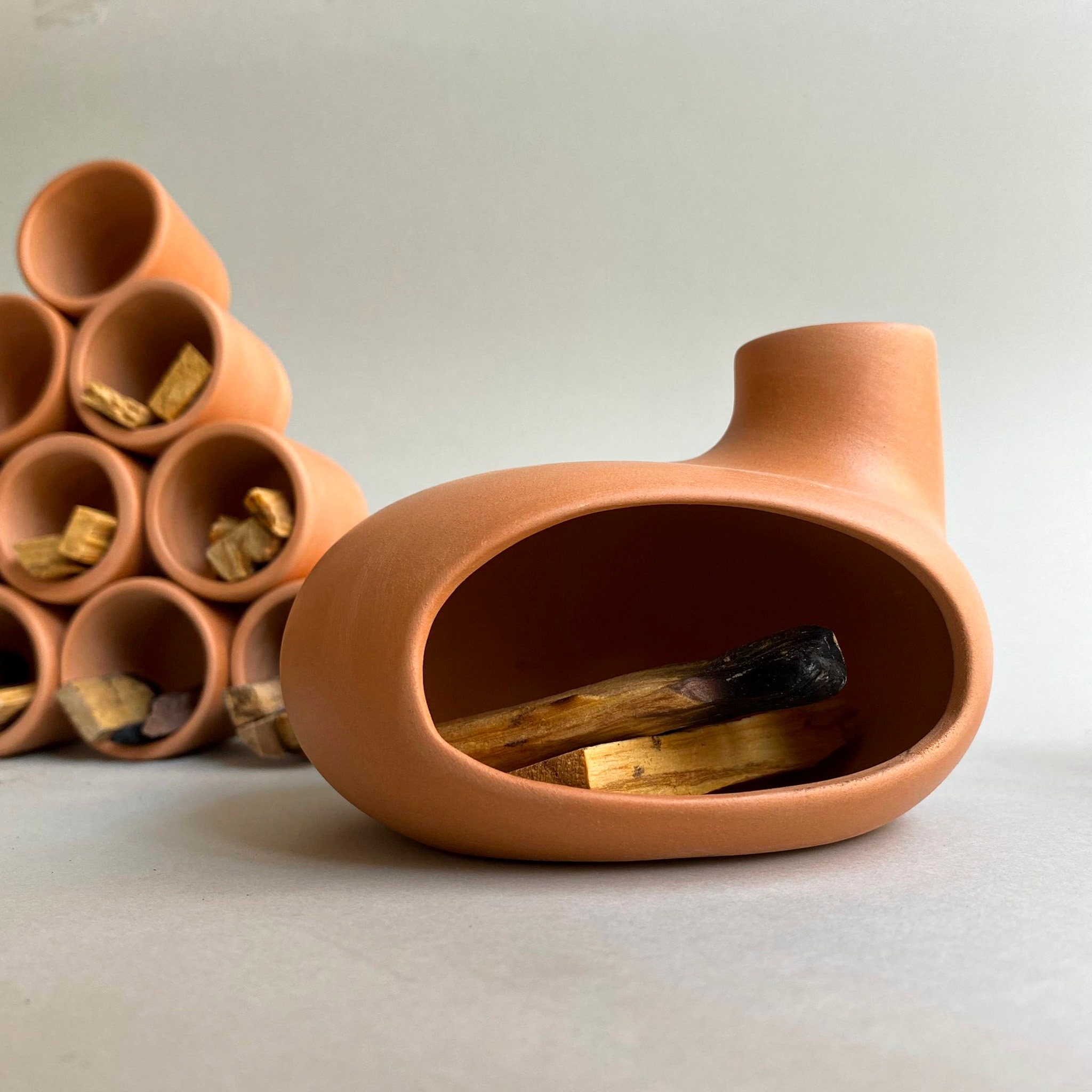 Palo Santo Holder & Matchstick Holder Set, Cone Incense Burner, Handmade Modern Ceramic Chiminea Incense Holder, Meditation Gift