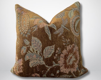 Bronze Botanical Pillow Cover, texture velvet chenille floral pillow with dragonfly accent, pillow in a vintage style for eclectic boho look