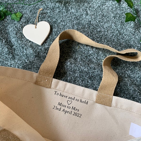 Bridal bag, wedding tote bag, newly wed jute bag