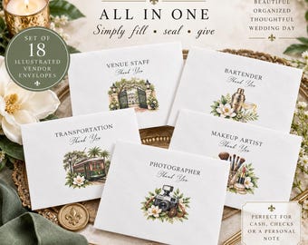 Wedding Vendor Tip Envelopes | Set of 18 Illustrated Gratuity & Thank You Cards