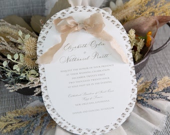 Oval Fleur de Lis Wedding Invitation | New Orleans Bridal Luncheon Invite | Ribbon Announcement