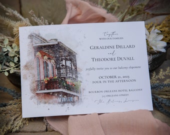 New Orleans Wrought Iron Balcony Wedding Invitation | French Quarter Balcony Elopement | Wine Envelope | Pink Damask | NOLA Bridal Luncheon