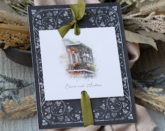 New Orleans Wrought Iron Balcony Wedding Invitation | French Quarter Elopement | Destination Wedding Theme | Watercolor Wedding Venue