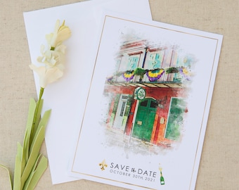 Pat O'Brien's New Orleans Watercolor Save the Date, Hurricane Drink, Mardi Gras Mask, French Quarter Card, Elopement Announcement