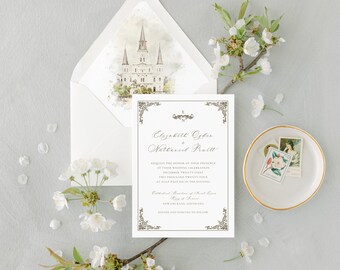 St. Louis Cathedral | New Orleans Wedding Invitation | Watercolor Envelope Liner | NOLA Bride | Jackson Square | Roman Catholic Wedding