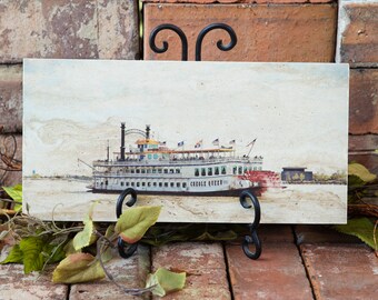 6x12 inch New Orleans Creole Queen Riverboat Art Tile, Paddle-wheeler Art, Mississippi River Fine Art Tile, New Orleans Louisiana