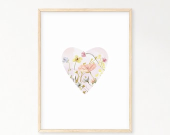 Floral Heart Print, Girls Nursery Decor (Digital Download)