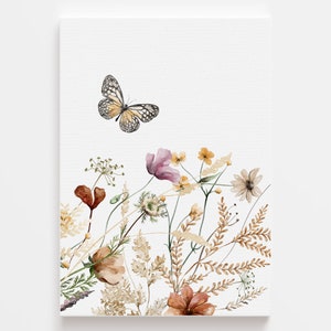 May include: Watercolor painting of a butterfly flying over a bouquet of dried flowers in shades of brown, pink, and yellow.