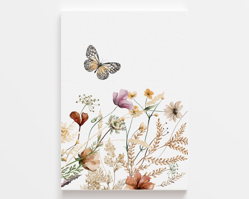 May include: Watercolor painting of a butterfly flying over a bouquet of dried flowers in shades of brown, pink, and yellow.