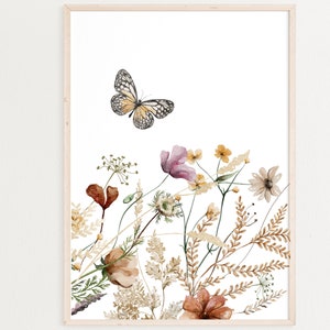 May include: A watercolor painting of a butterfly flying over a bouquet of dried flowers in shades of brown, pink, and yellow.