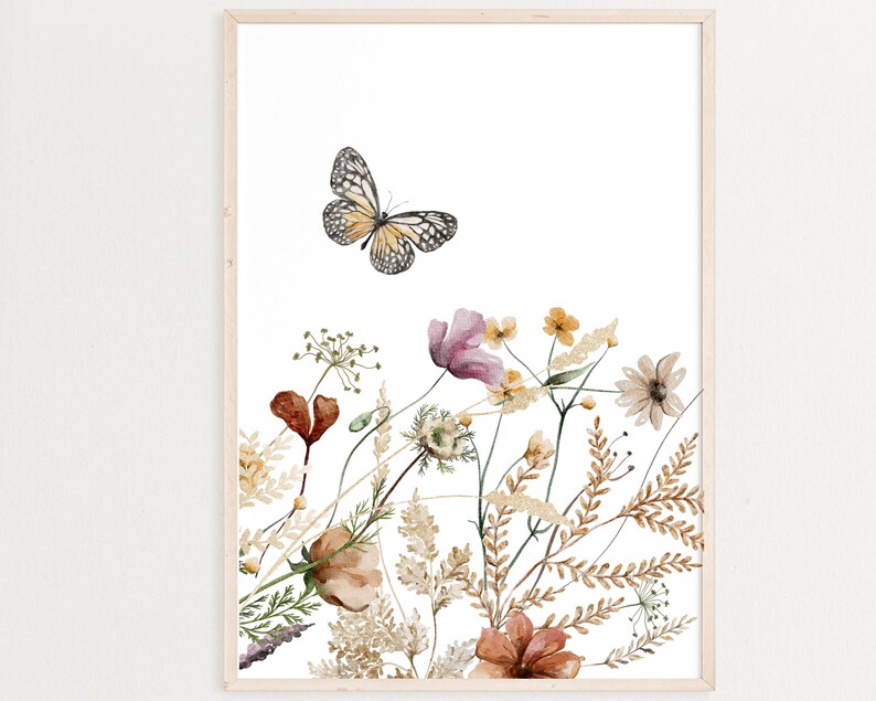 May include: A watercolor painting of a butterfly flying over a bouquet of dried flowers in shades of brown, pink, and yellow.