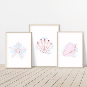 seashell prints, seashell nursery art, beach prints, beach decor, set of 3 coastal prints, beach bedroom decor, watercolor beach art, prints