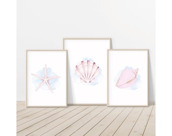 seashell prints, seashell nursery art, beach prints, beach decor, set of 3 coastal prints, beach bedroom decor, watercolor beach art, prints