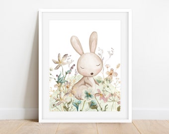 Bunny Watercolor Print, Spring Flowers, Nursery Art (Digital Download)