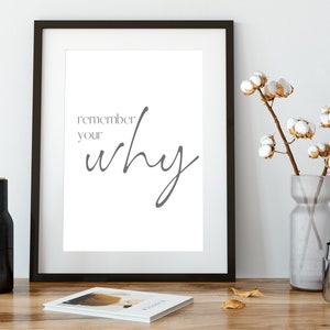 May include: A framed print with the text "remember your why" in gray script font on a white background. The print is sitting on a wooden table with a vase of cotton flowers and a black bottle.